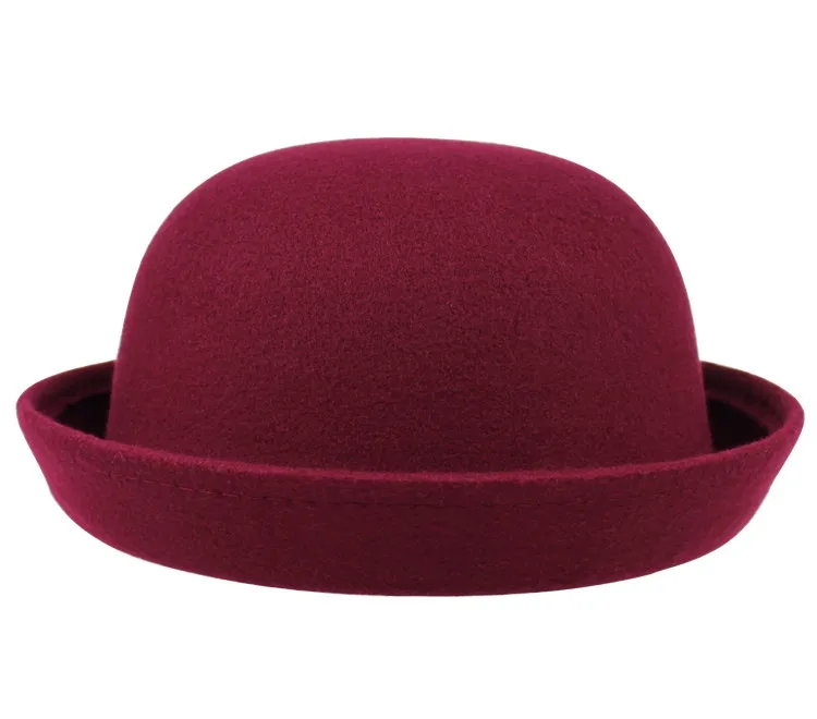 9 цветов, детские шапки бейсболка с меховым помпоном, винтажная детская фетровая шляпа, шляпа Боулер Дерби fieltro Solid Cappello Bombetta, шапки 20 - Цвет: Wine red