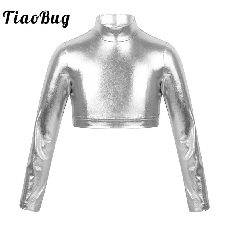 

TiaoBug Long Sleeves Shiny Metallic Kids Teens Ballet Gymnastics Crop Tops Children Girls Stage Performance Sports Dance Costume