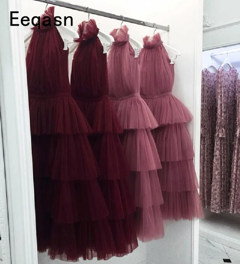 New Tiered Tulle Prom Dresses White Pink Black Saudi Arabic Tea Length Elegant Women Formal Party Gown vestido Gala