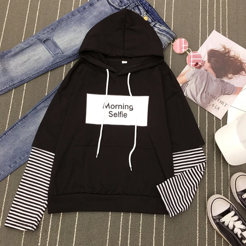  Hoodies Morning Selfie Letters Print Loose Hooded Sweatshirt Women Hoodie Pullover Fail Two Striped