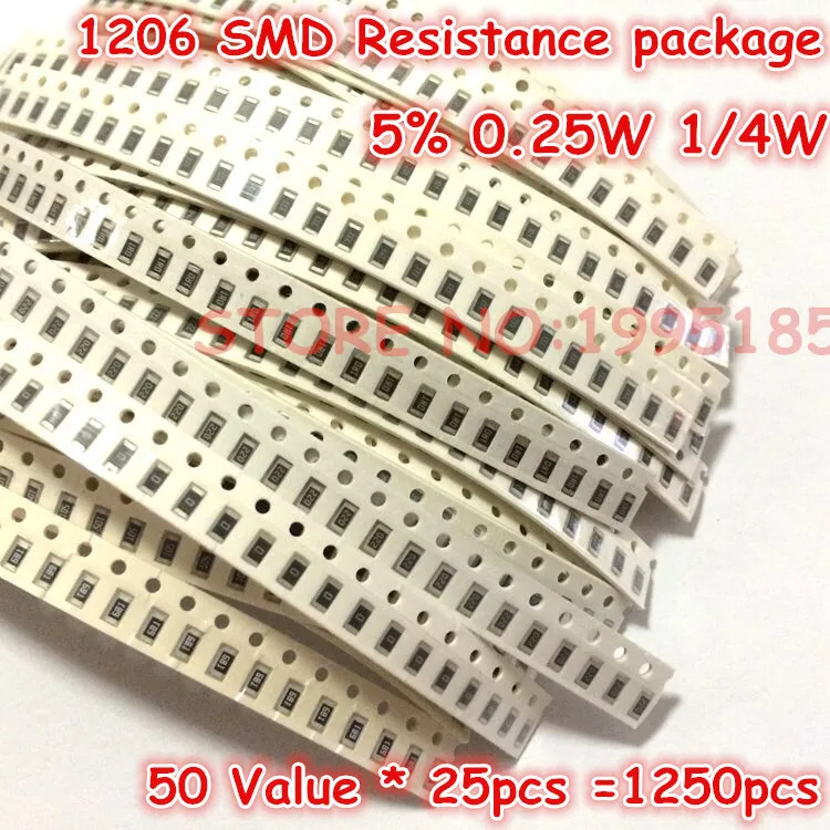 1250 шт. комплект резисторов 1206 SMD (0R ~ 10MR) 5% 1/4 Вт 0 25 50 значений * = 3 2*1 6 мм|resistor
