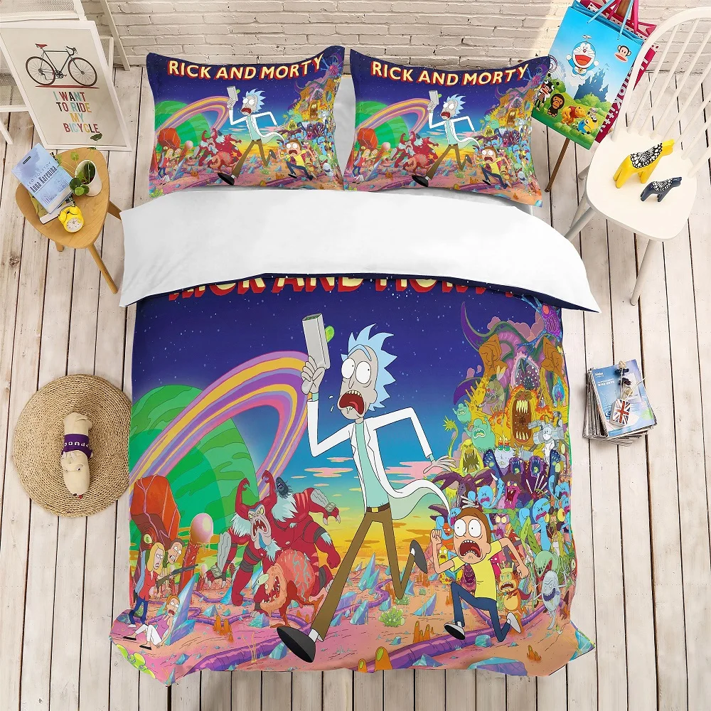 

Rick and Morty Kids Bed Linen Set 3PCS Blue Galaxy Rainbow Pattern Bedding Set Cartoon Duvet Cover Set with 2 Pillowcase Bed Set