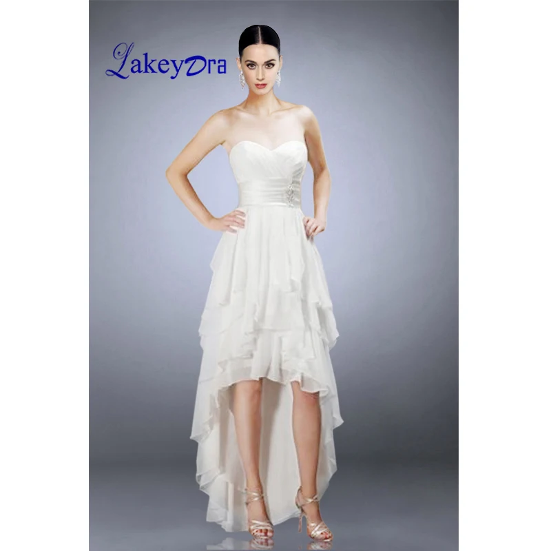 

Lakeydra White Beach Weding Dresses A-Line Chiffon Sweetheart Neck with Lace-up Backless Sleeveless Hi-Lo Plus Size Bridal Gowns