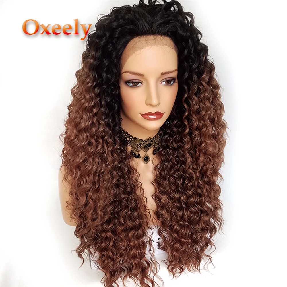 Oxeely Kinky Curl Синтетические волосы на кружеве Искусственные парики Ombre волос#30 Цвет волос черный корни тепла Resisitant натуральный