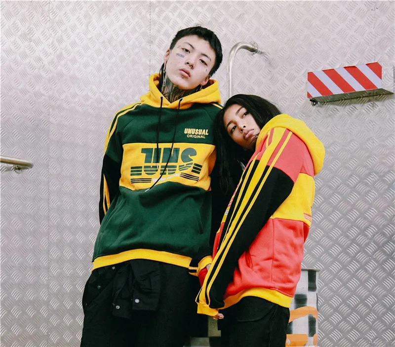 2019 Color Block Patchwork Printed Fleece Hoodies Streetwear Men Hip Hop Casual Pullover Sweatshirts Male Hoodie Tops