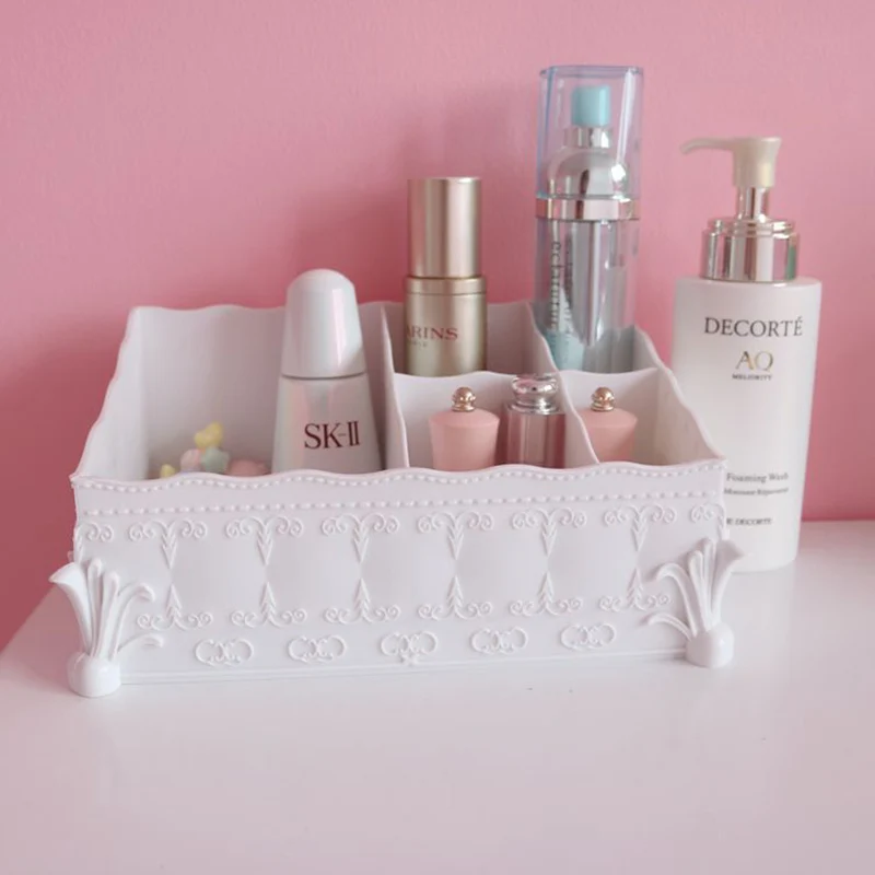6 Grids Lace Retro Cosmetic Storage Box French Embossed Girl Desktop Makeup Brush Office Articles Basket Sundries Container