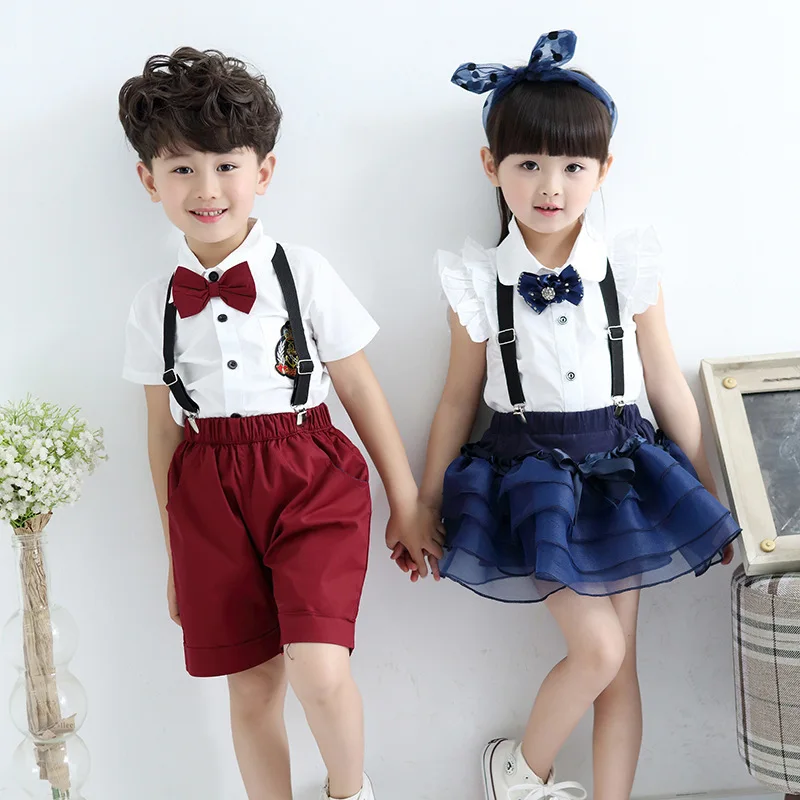  2018 Summer Boys and Girls Uniforms Children's White Shirt Bib Costume Children's Dance Wear Kinder - 32861176011