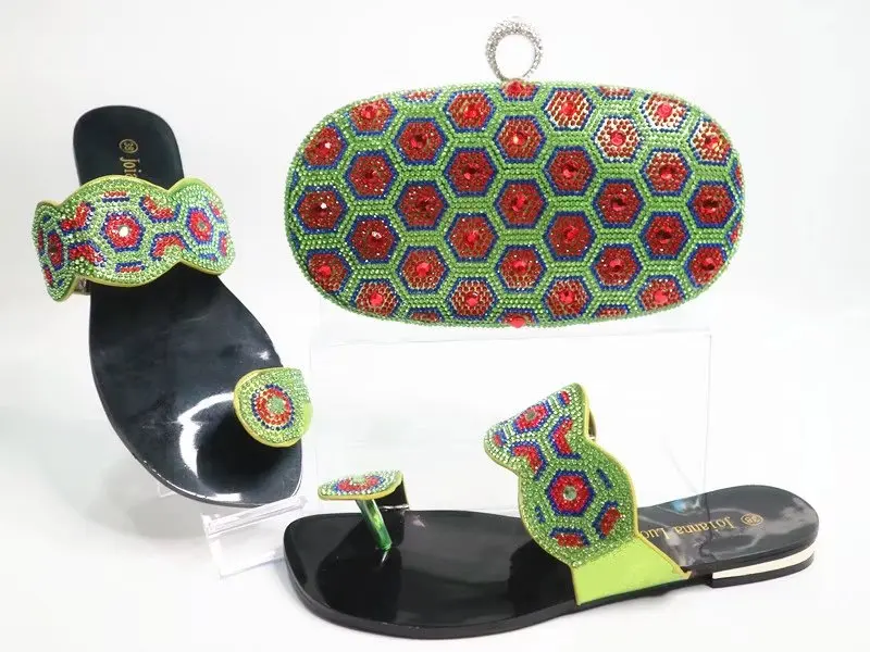 

Green plain slippers shoes with many stones lovely nice shoes and bag matching set size 38 to 42 with free shipping SB8091-4