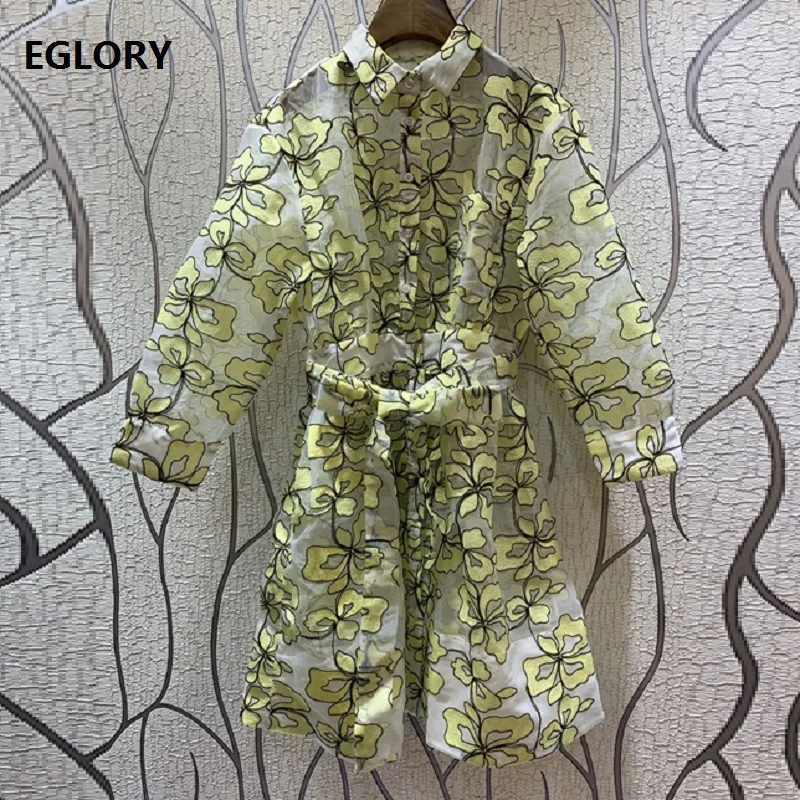 

Newest Fashion Summer Dress 2019 High Quality Women Turn-down Collar Yellow Floral Embroidery 3/4 Sleeve Casual Long Shirt Dress