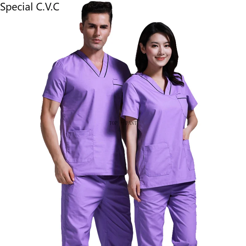 Tanie Męskie peelingi zestaw czystej bawełny klasyczny dekolt w serek z boczny wylot nawiewu + spodnie pielęgniarstwo jednolite fartuch lekarza chirurgia odzież robocza