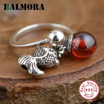 

BALMORA Red Zircon Fish Open Ring Genuine 925 Sterling Silver Rings for Women Lover Party Gift Retro Jewelry Accessories SY21814