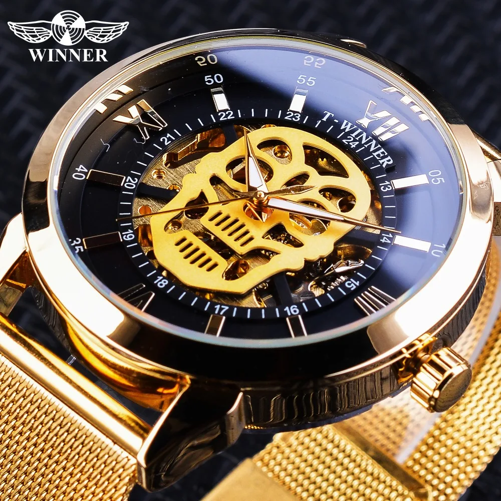 

Winner Clock Classic Black Golden Skull Display Luminous Hands Horloge Mannen Men's Mechanical Automatic Wristwatches Mesh Belt