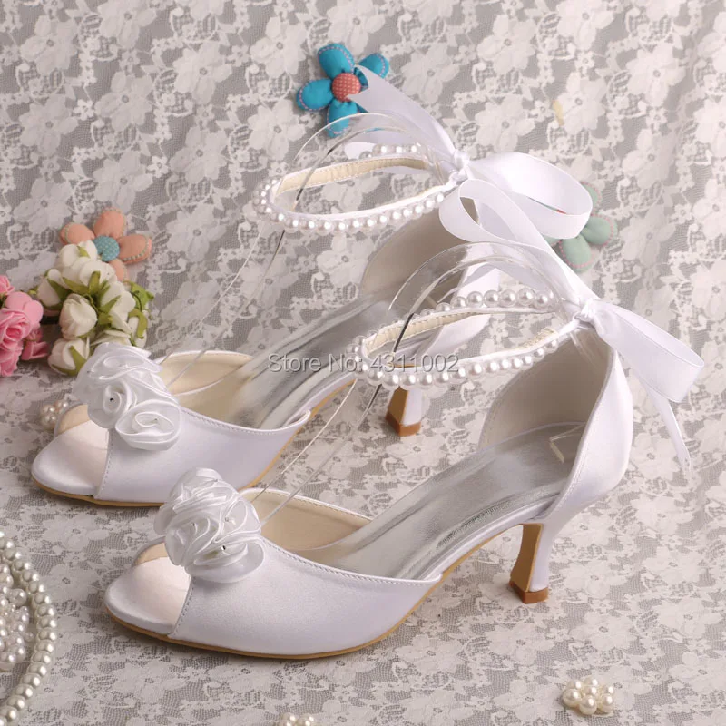 

Handmade Peep Toe Ankle Pearl Strap Wedding Bride Sandals Flower Mid Heels