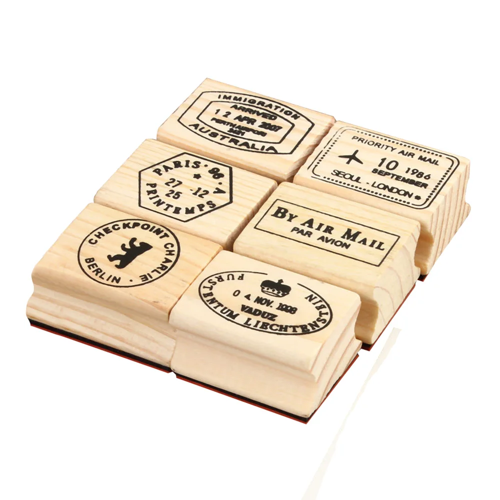 

6pcs Korean Vintage Travel Wooden Rubber Stamp Scrapbooking Diary Postcard DIY Wood color