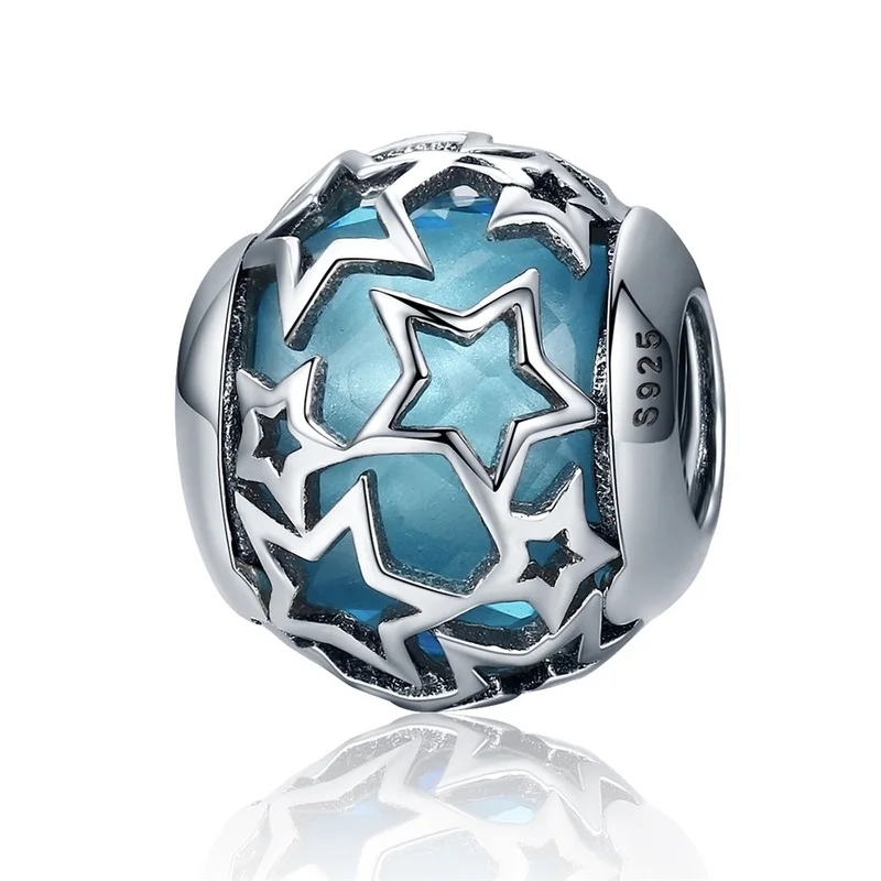 BAMOER 925 пробы серебряные Сияющие сердца, небесно-голубой кристалл и прозрачный CZ Шарм подходит браслет и ожерелье ювелирные аксессуары SCC411 - Окраска металла: SCC411