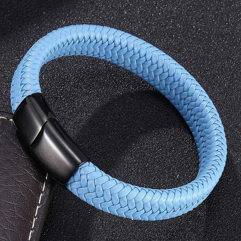 

Fashion Blue Leather Braided Men Bracelet Bangles 3 Colors Magnetic Clasps Male Wrist Band Bracelets Jewelry Gifts 0003