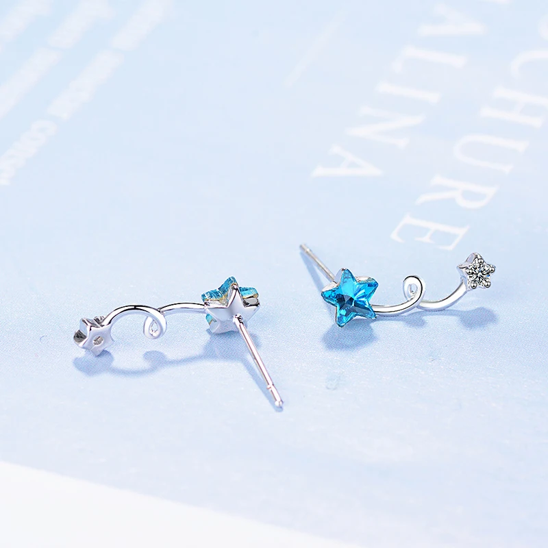 Элегантные серьги-гвоздики с синими кристаллами в форме звезды, ювелирные изделия для женщин, женские спиральные дизайнерские серьги с двойным цирконием AAA в форме звезды, серебряные ювелирные изделия 925