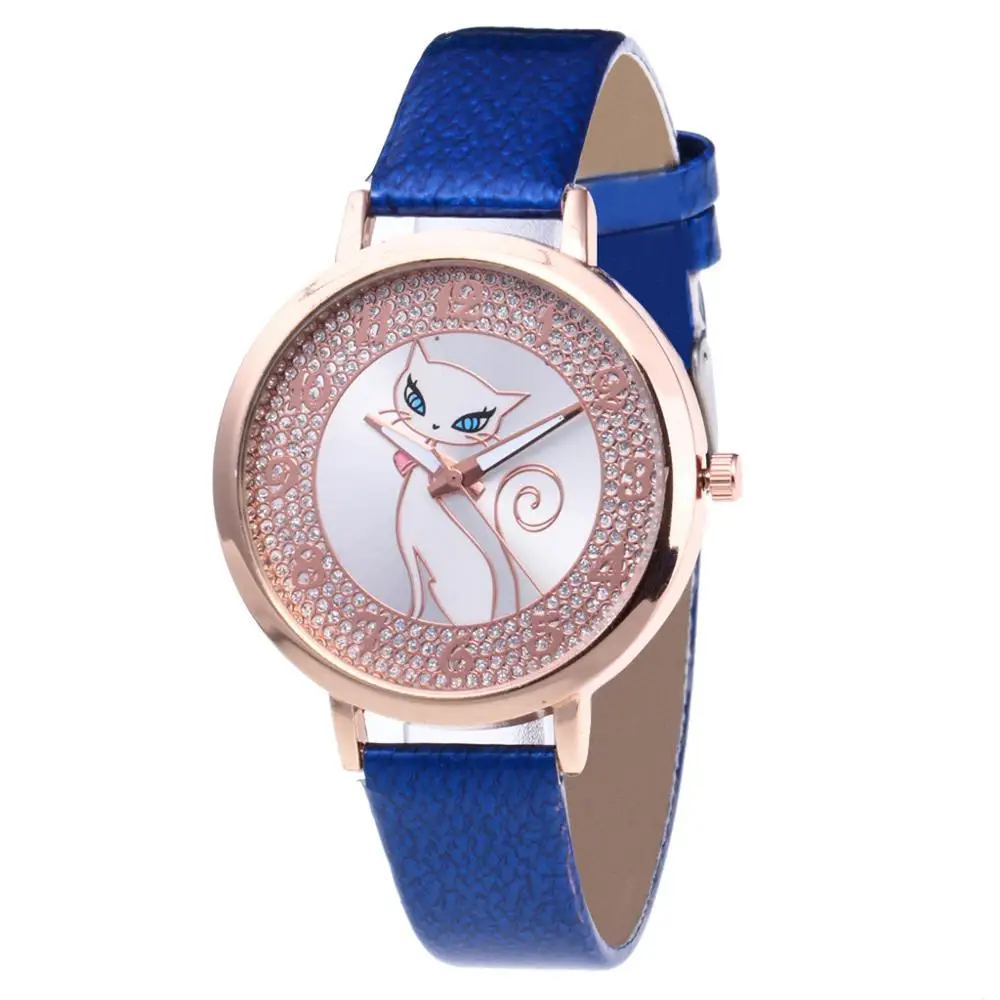 Модные женские часы, стразы, очаровательный кот, циферблат, Женские кварцевые наручные часы, Лидирующий бренд, кожаный ремешок, часы, подарок# W - Цвет: Синий