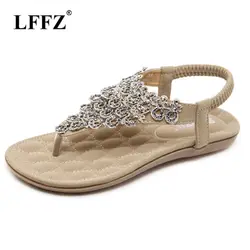 Lzzf 2018 летняя модная обувь женщина для Для женщин Tenis Дамы Boho Boheme плоские сандалии с цветами и стразами пляжные открытый носок большой