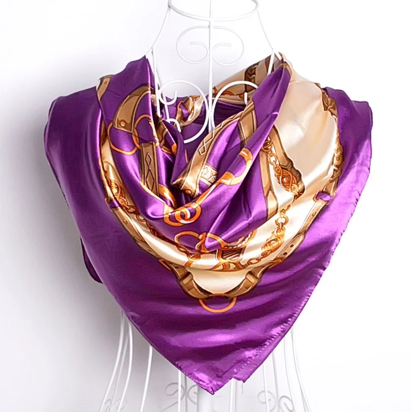Красный шёлковый шарф женский шарф, китайский стиль атласный большой квадратный шарф с принтом, Женский брендовый шелковый шарф из искусственного шелка, модная шаль 90*90 см - Цвет: purple 68