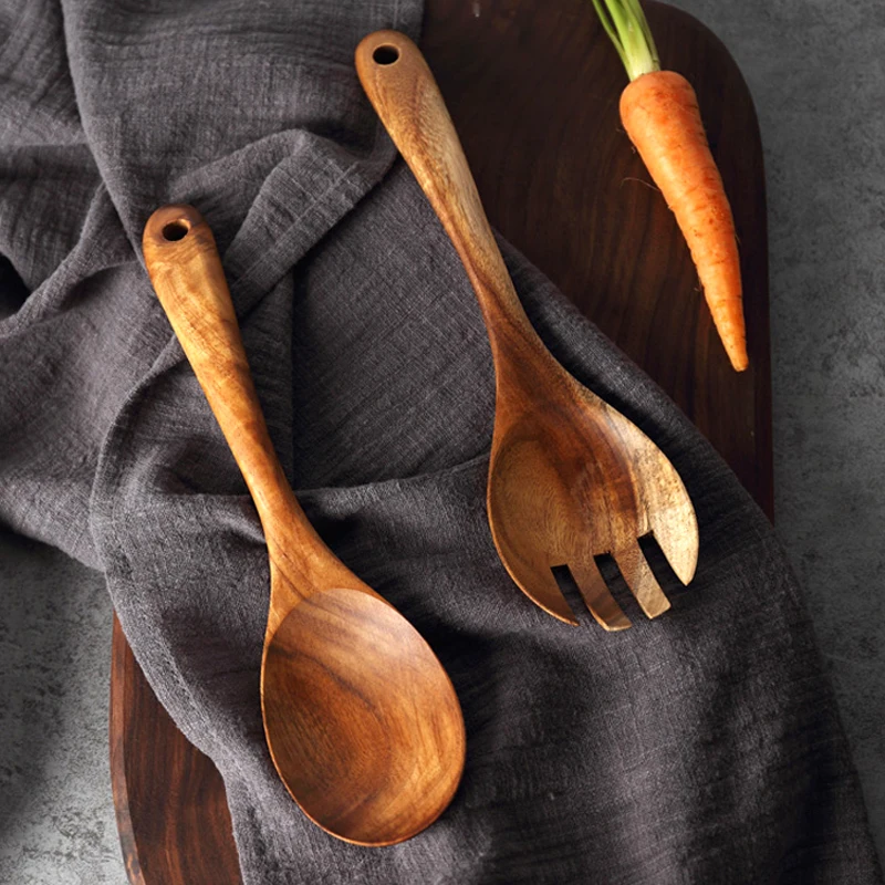 Set of 2 Serving Spoon & Fork Set Large Wood SaladFruitDishes Serving Fork Spoon, Wood Cutlery Kitchen Cooking Utensils (2)