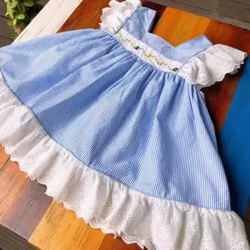 

Roimyal Wholesale 2019 summer new embroidered water soluble jacquard blue loose square collar striped cotton breathable dress