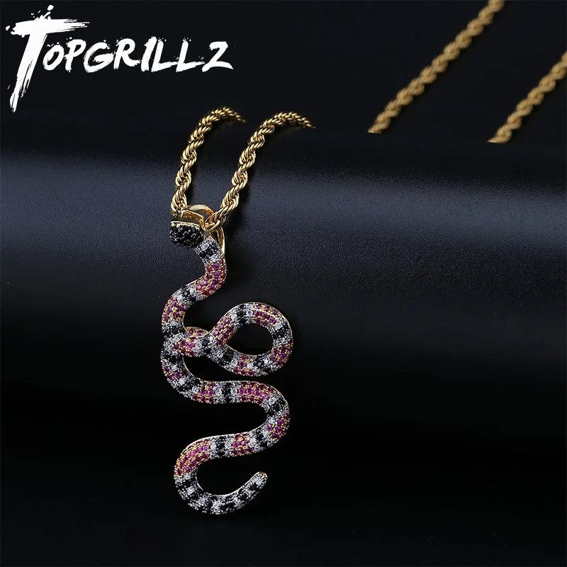 TOPGRILLZ AAA Iced Out Коралловая подвеска в виде змеи ожерелье с медальоном в виде змеи Медь Красочные циркония хип хоп модные ювелирные изделия дропшиппинг