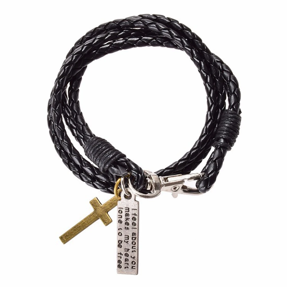 

Vintage Fashion Men Bracelets Latest Popular 3 Laps Braided Leather Bracelet Male Black Retro Punk Cross Charm Bracelet &