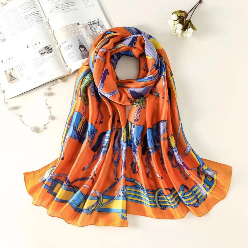GH011orange Хиджаб платок на голову женский модный длинный шелковый шарф для леди Европейский дизайн классический бренд роскошный длинный платок с принтом - Цвет: GH011orange