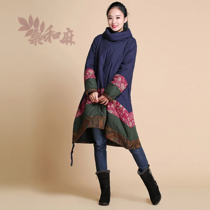 

LYNETTE'S CHINOISERIE Winter Women National Trend Print Patchwork Plus Size Loose Linen Pullover Cotton-padded Jacket Outerwear