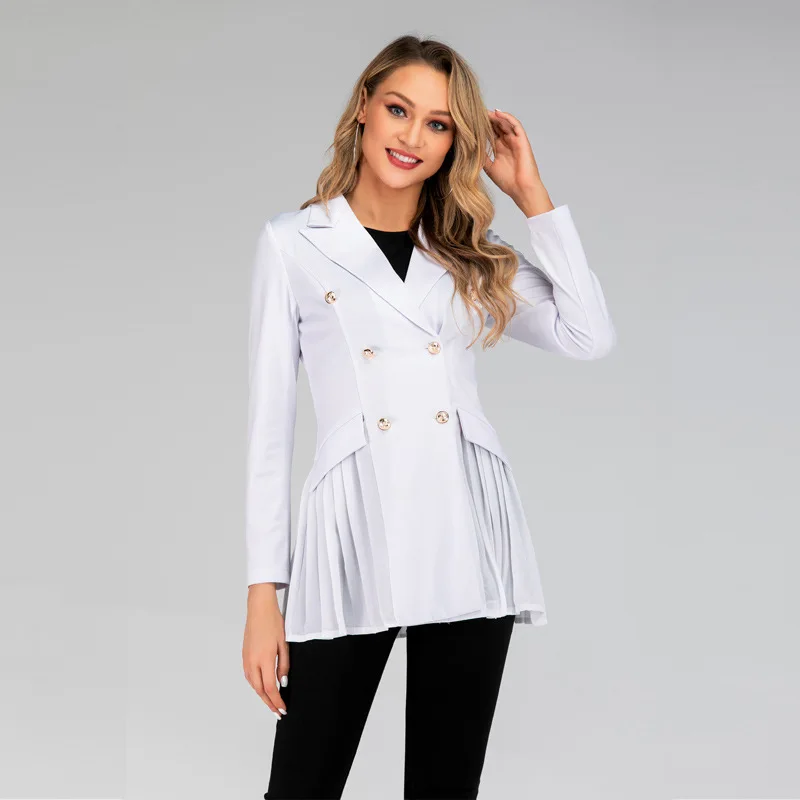 CINESSD Casual Blazers Coat Women White Double Breasted Long Sleeves Ruched Office Ladies Suits Solid Slim 2019 Blazers Jackets