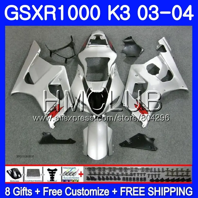 Body For SUZUKI GSXR-1000 GSXR1000 03 04 Bodywork 32HM.14 GSX-R1000 GSX R1000 03 04 K3 GSXR 1000 2003 2004 Fairing ALL Silvery