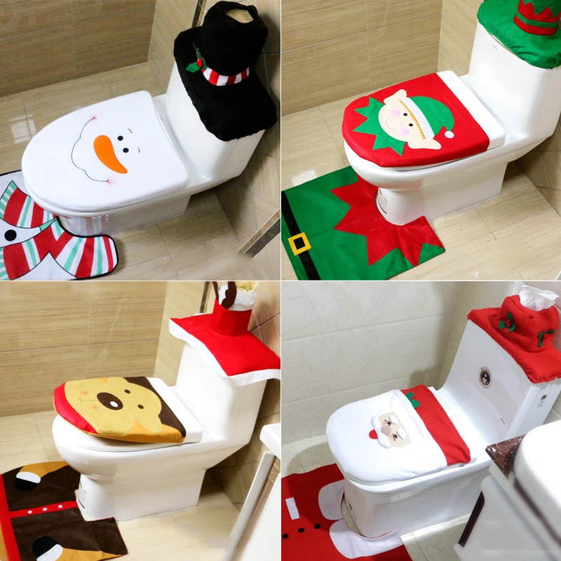 

2018New 1Set/lot Santa Claus Rug Bathroom Set Merry Christmas Decorations for Home New Year Navidad Decoration