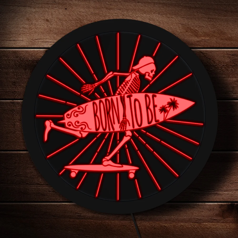 

Born to Be Skeleton Surfer Personalized Custom LED Neon Sign Skull with Surfboard Lighted Display Sign Mancave Deocr Surfer Gift