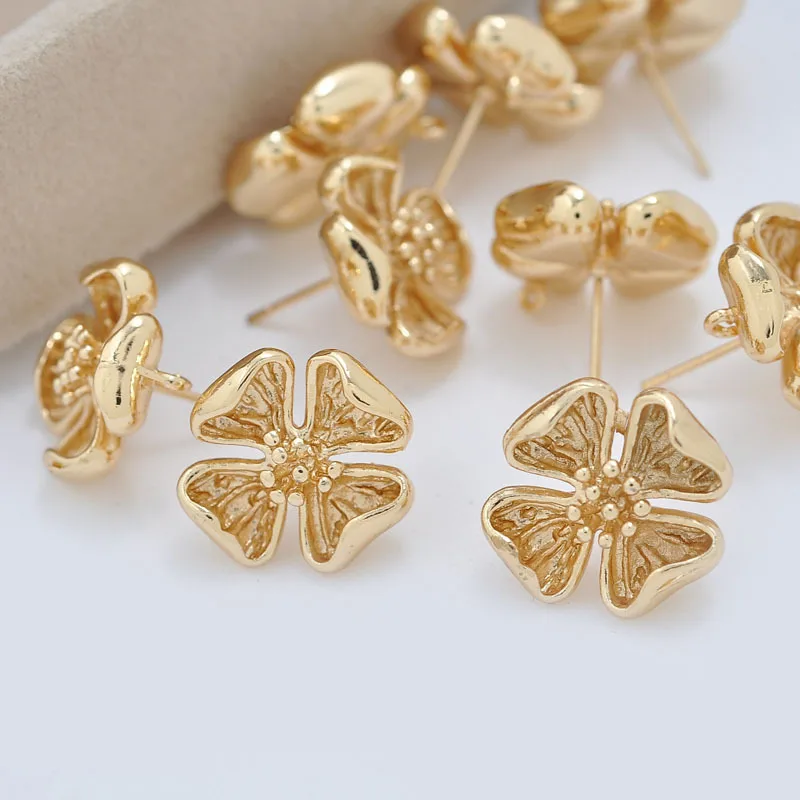 33734 4PCS 14.5*7.5MM 24K Gold Color Brass Zircon Tree Leaf Stud Earrings