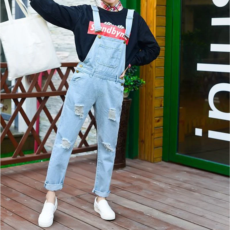 Комбинезон Boyfriend Ripped denim комбинезон для женщин потертые джинсовые комбинезоны повседневные Карманы ремень нищие длинные брюки