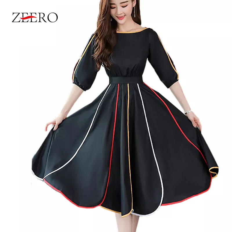 

2019 Summer Dress Office Lady Elegant Long Chiffon Dress Half Sleeve Colorful Striped-trimmed Patchwork Maix Pleated Dress Women