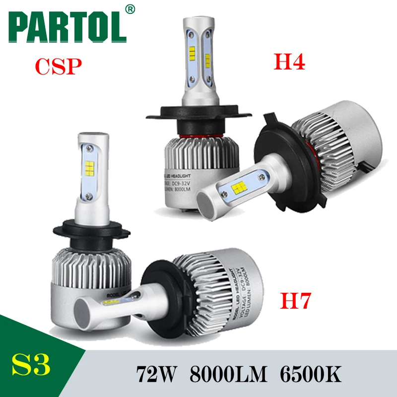 

Partol 72W H4 H7 LED Car Headlight Bulbs Work Light Car Styling Hi-Lo Beam CSP 8000LM 6500K Silver Driving Light 12V Automobiles
