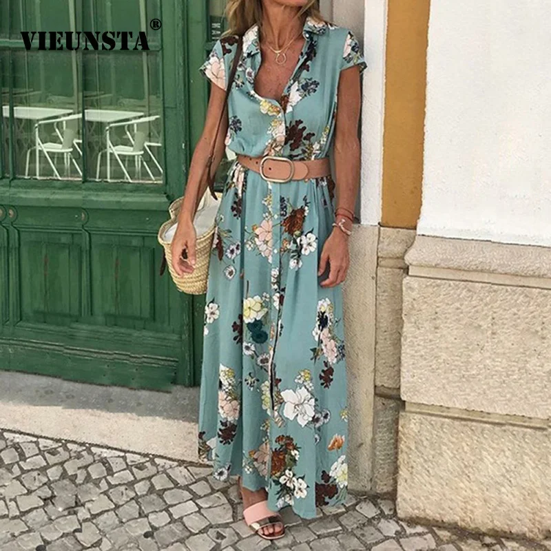 

VIEUNSTA Women Vintage Lapel V-neck Button Boho Dress Summer Floral Print Short Sleeve Sundress Elegant Belted Maxi Long Dresses