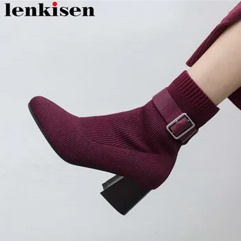 

2018 new arrival knitting solid round toe high thick heels buckle belt decoration concise brand vintage stretch ankle boots L28