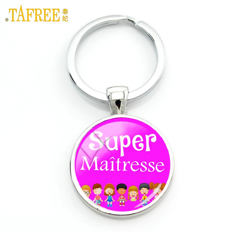 

TAFREE 2017 teachers gifts handmade glass cabochon super maitresse key chain ring holder merci maitresse men women keychain H125