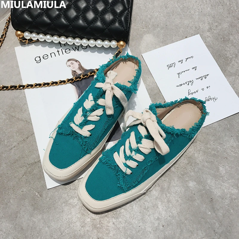 

MIULAMIULA Brand Desingers 2019 Summer New Fashion Square Toe Cross Tie Woman Flat Shoes Slip On Loafers Mules Flip Flops 35-40