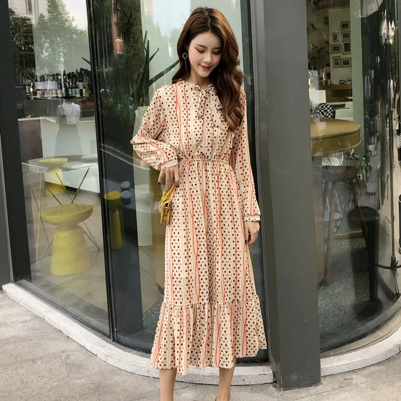 

GMPWAT Casual Fit And Flare Dot Full-sleeve Ruffles Mid-calf Empire Bow Spring Chiffon Dress Summer Dresses Vestidos Free XL New