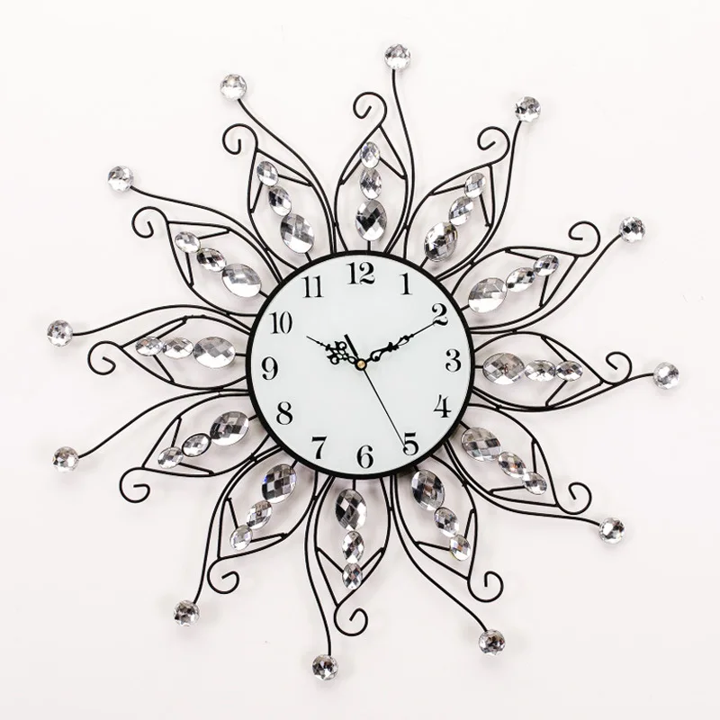 

European Home Mute Crystal Drill Wrought Iron Wall Clock Living Room Personality Wall Stickers Clock Modern Design Wall Clocks