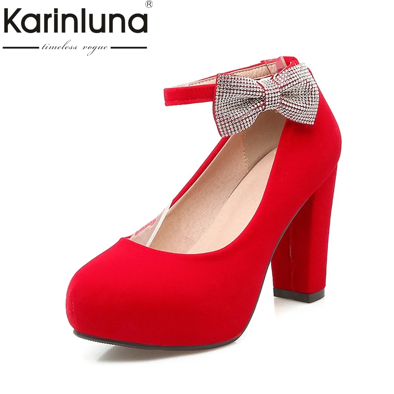 

KarinLuna Women's Shinng Rhinestone Bowtie Party Wedding Shoes Woman Ankle Strap High Heels Platform Pumps Big Size 31-43