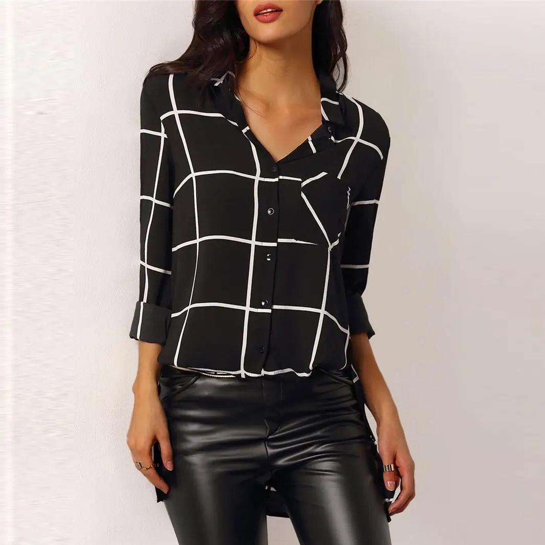 2018 Tops For Womens Casual Shirts European Plaid Blouses Brands Black Lapel Long Sleeve Buttons Pockets Blouse |
