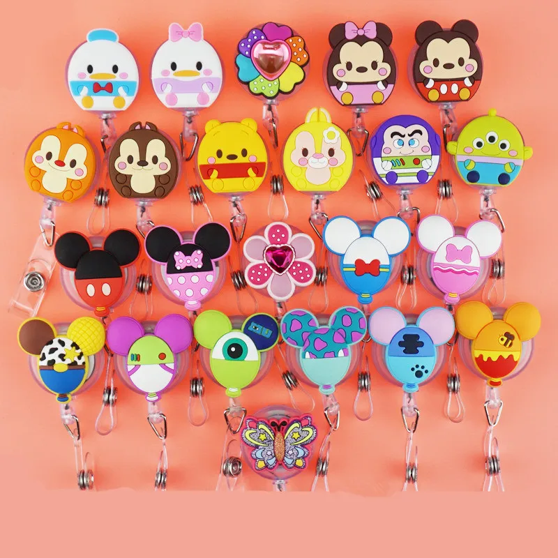 

Wholesales 30 Pieces Quality Silicone Retractable Nurse Badge Reel Cute Sunflowers Cartoon Mickey Minnie ID Card Badge Holder