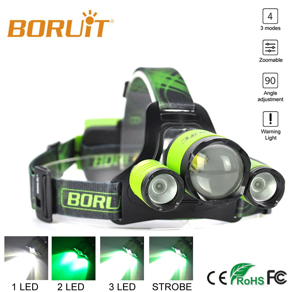 BORUIT B22 перезаряжаемый светодиодный налобный фонарь L2 + 2X XPE зеленый Micro USB для