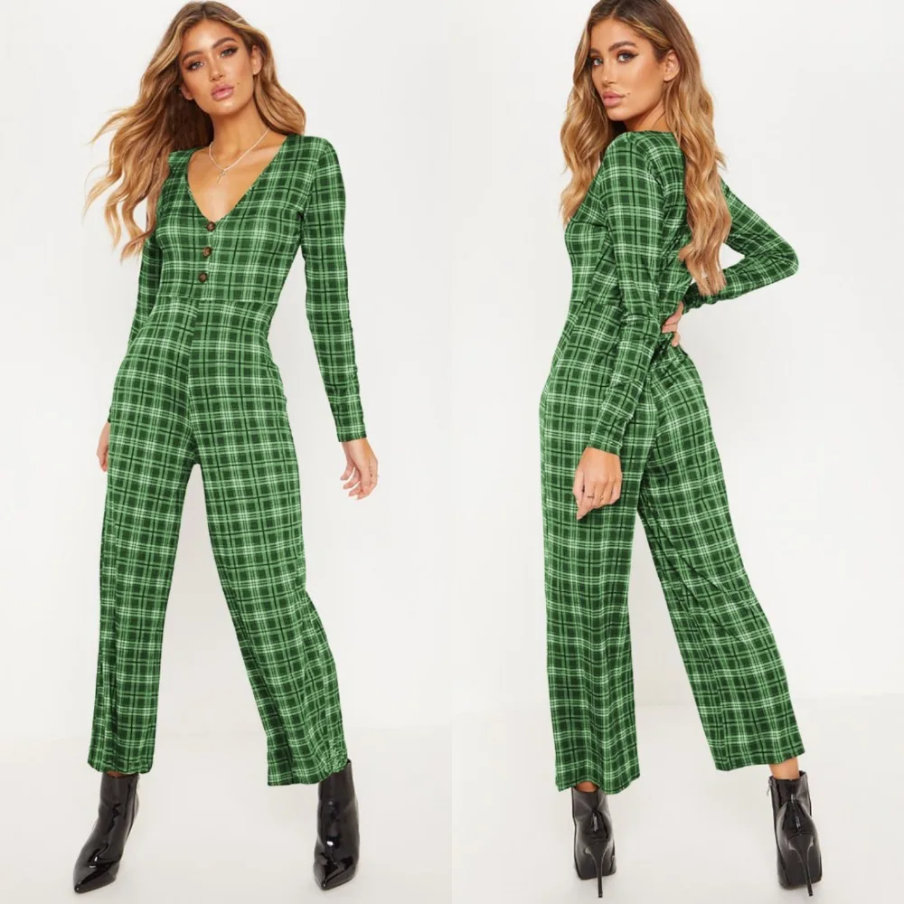 

Long Sleeve Jumpsuits Rompers Spring New Fashion Slim Waist V Neck Plaid Jumpsuit Woman Clothes Ankle Length Pants Casual Ladies