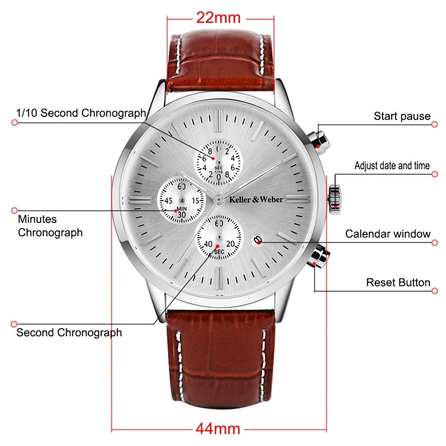Keller & Weber Mens Watches 30m Waterproof Quartz Business Watches Date Display Genuine Leather Band Relogio Masculino Best Gift (26)